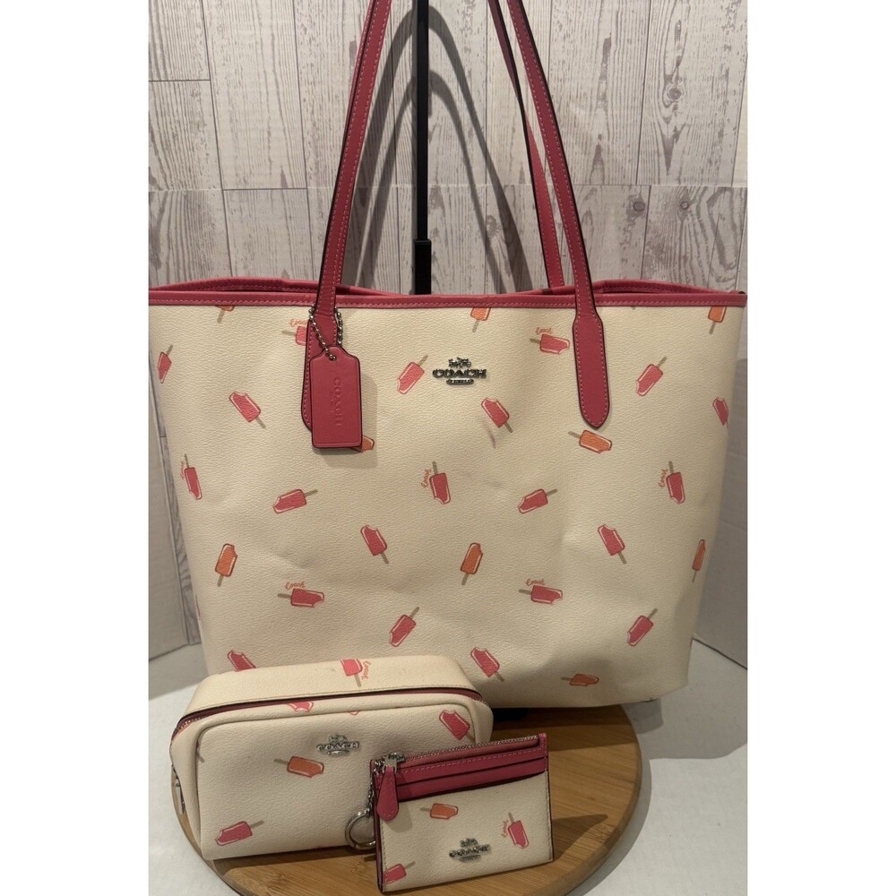 Coach Popsicle Print Coated Canvas Smooth Leather City Large Tote 3 Pc Set